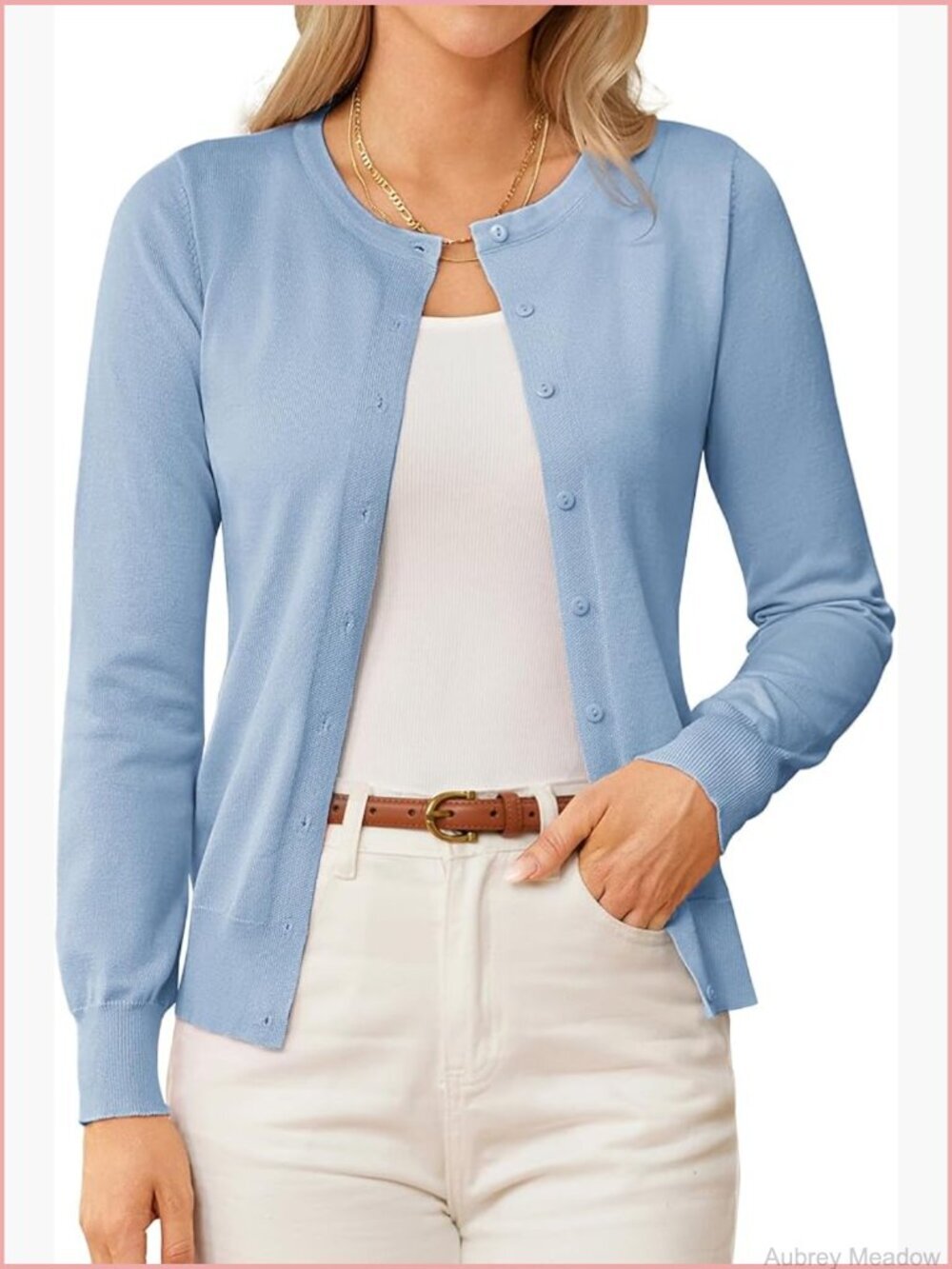 Long Sleeve Knit Cardigan Crew Neck Button Down Lightweight Stretchy